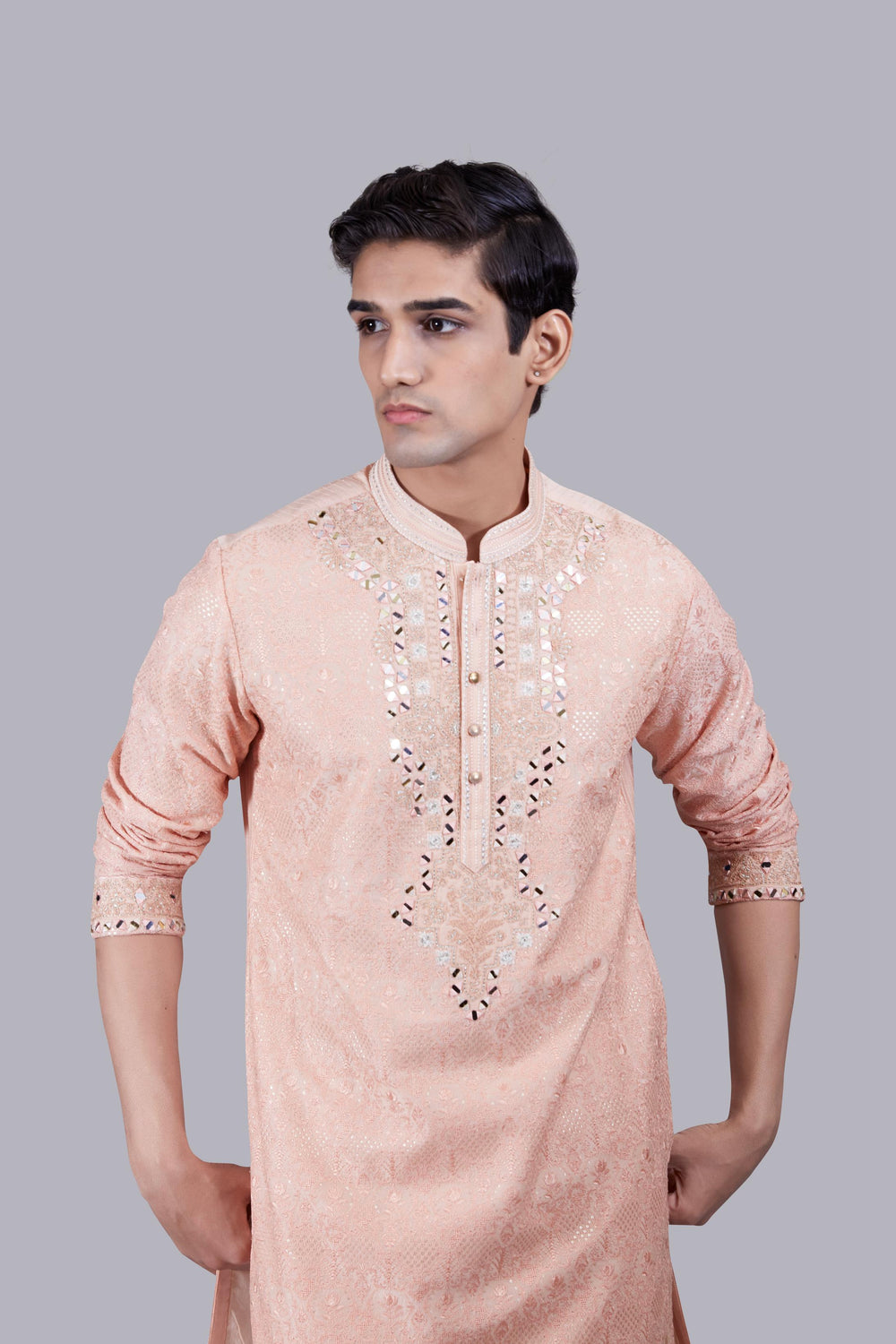 PEACH BANARASHI JACQUARD SILK THREAD WORK KURTA SET