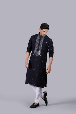 BLACK SILK THREAD WORK KURTA SET
