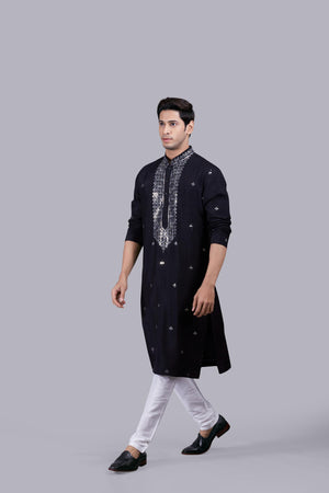 BLACK SILK THREAD WORK KURTA SET