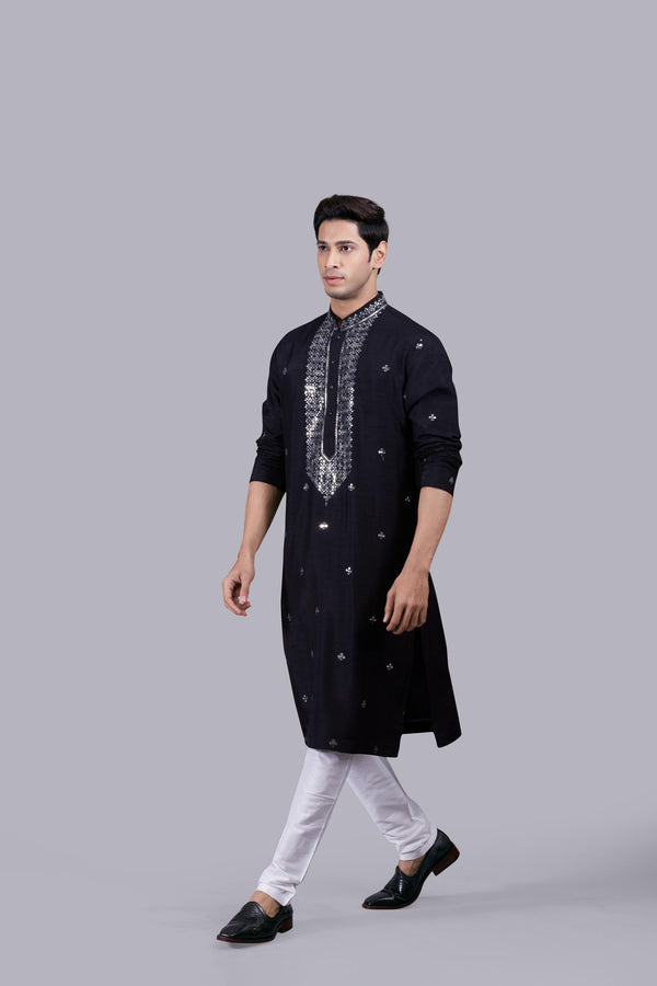 BLACK SILK THREAD WORK KURTA SET