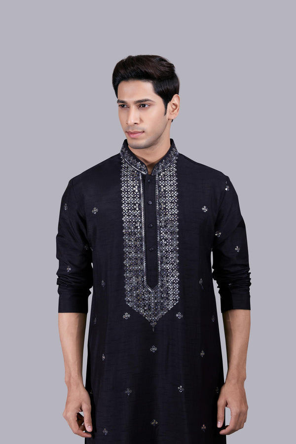 BLACK SILK THREAD WORK KURTA SET