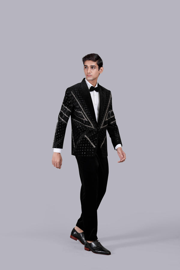 BLACK ITALIAN COTTON VELVET HAND WORK SUIT