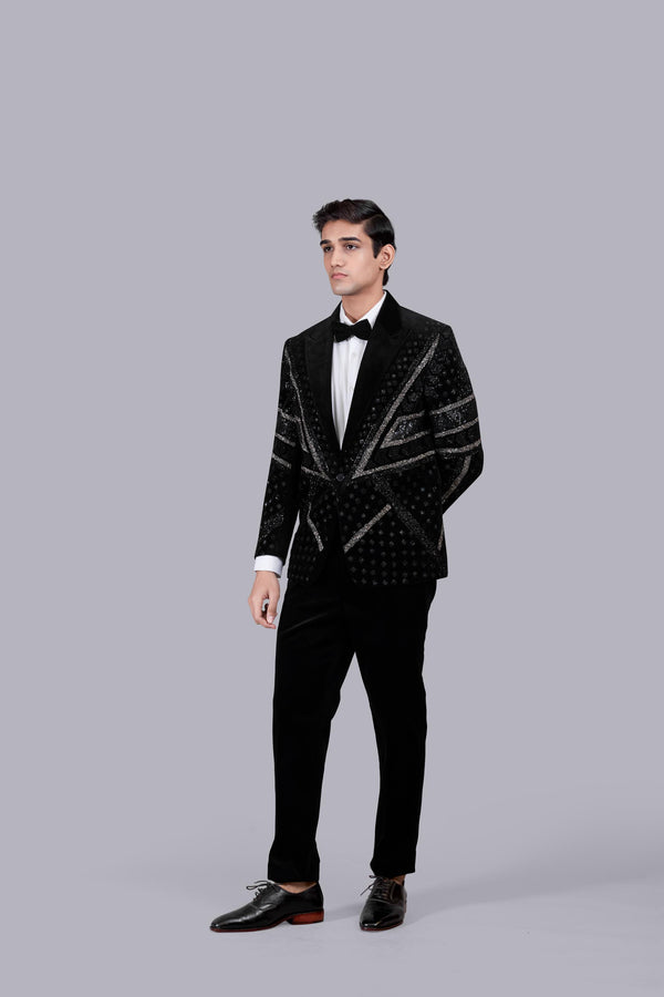 BLACK ITALIAN COTTON VELVET HAND WORK SUIT