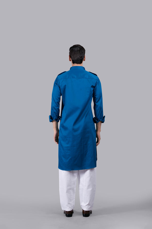 TEAL COTTON SILK PATHANI KURTA SET
