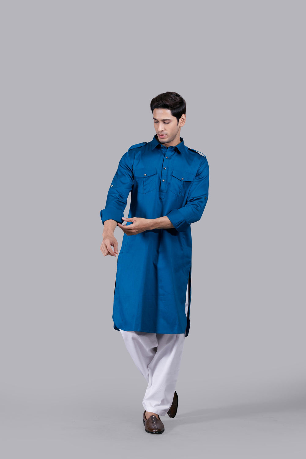 TEAL COTTON SILK PATHANI KURTA SET