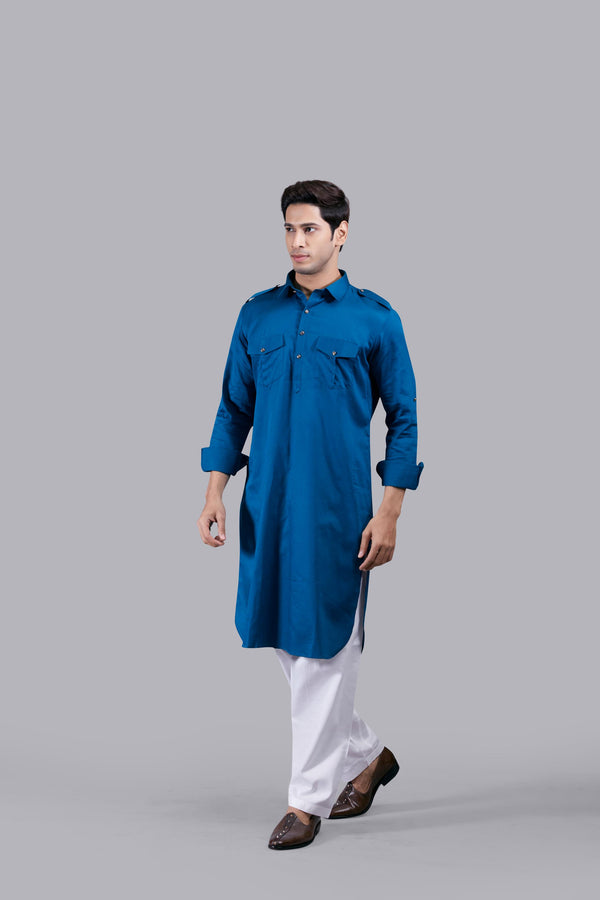 TEAL COTTON SILK PATHANI KURTA SET