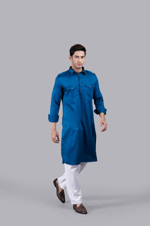 TEAL COTTON SILK PATHANI KURTA SET