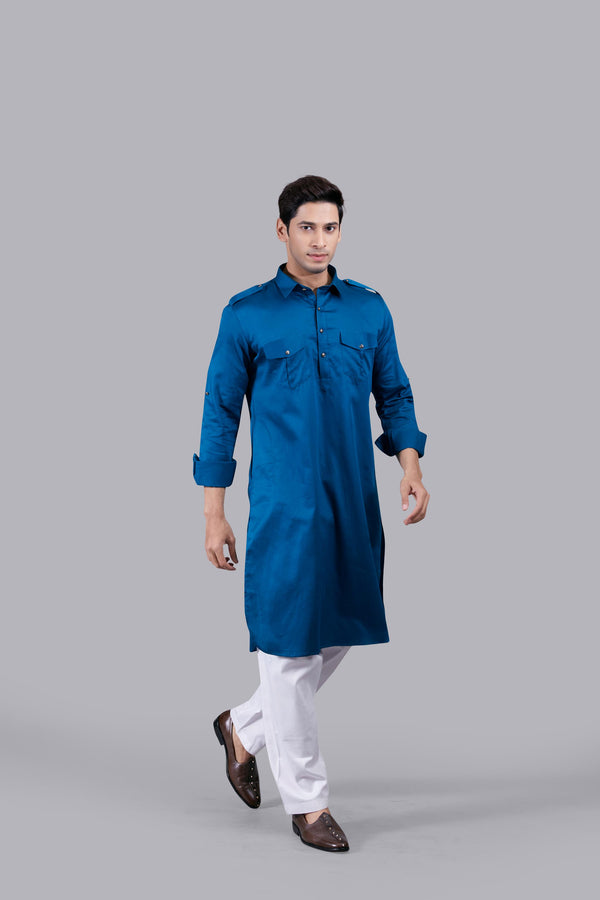 TEAL COTTON SILK PATHANI KURTA SET