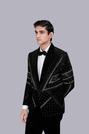 BLACK ITALIAN COTTON VELVET HAND WORK SUIT