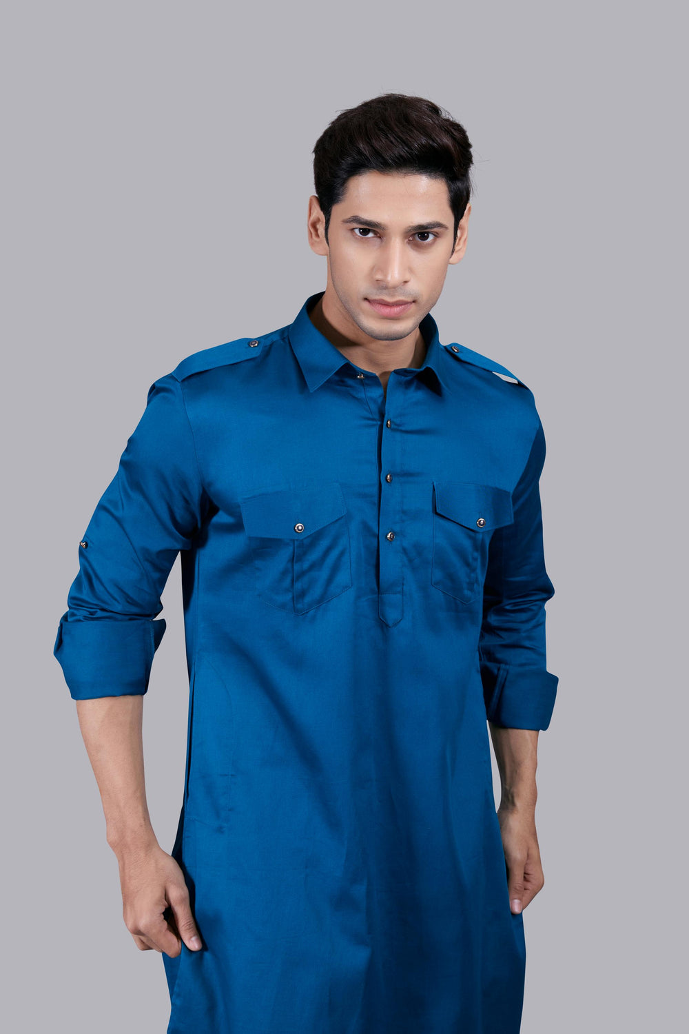 TEAL COTTON SILK PATHANI KURTA SET