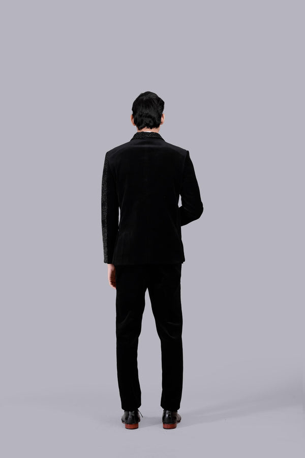 BLACK ITALIAN COTTON VELVET PEARL WORK SUIT