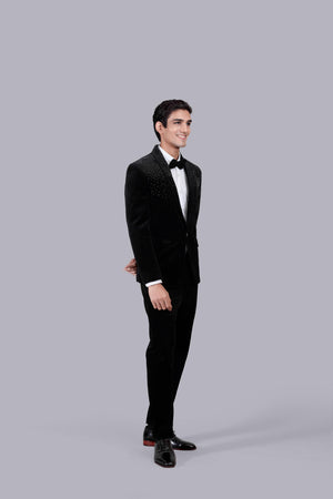 BLACK ITALIAN COTTON VELVET PEARL WORK SUIT