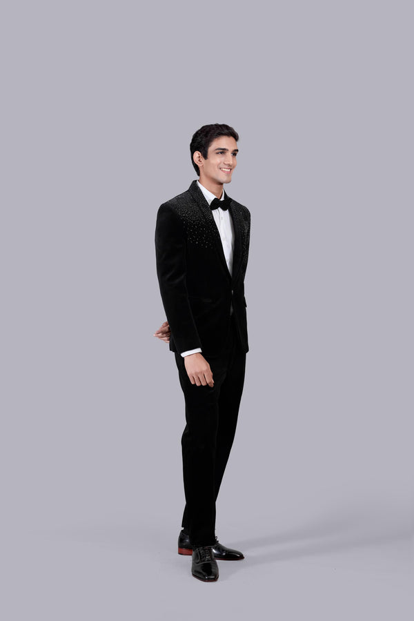 BLACK ITALIAN COTTON VELVET PEARL WORK SUIT