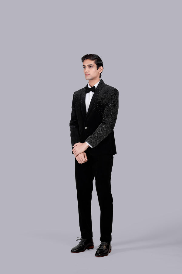 BLACK ITALIAN COTTON VELVET PEARL WORK SUIT