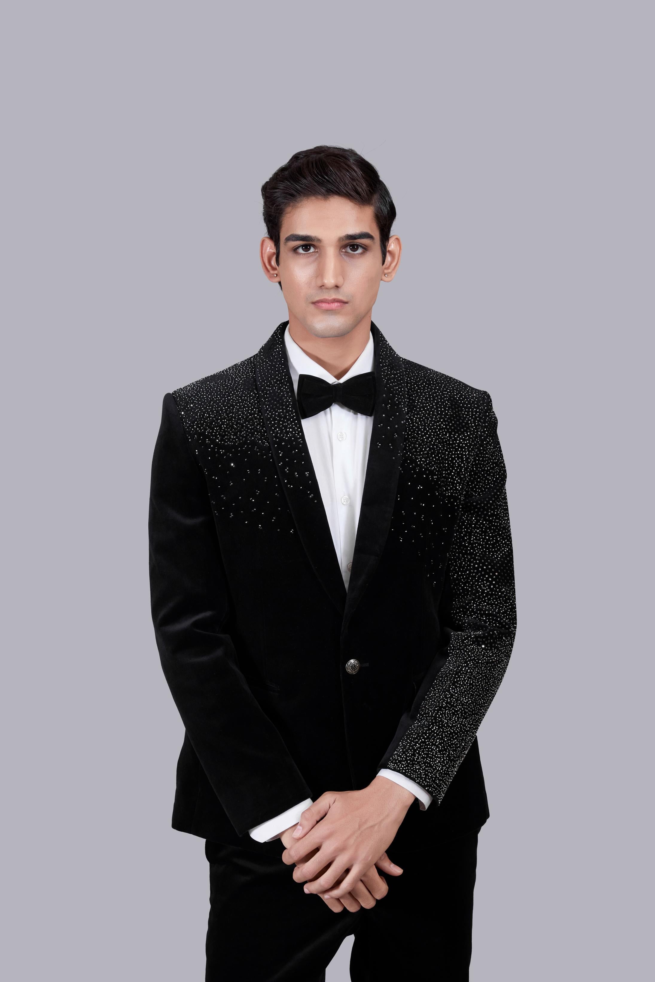 BLACK ITALIAN COTTON VELVET PEARL WORK SUIT - Main Image