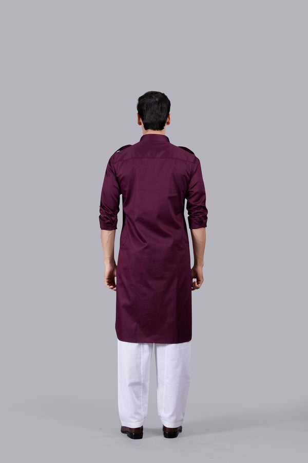 WINE COTTON SILK PATHANI KURTA SET