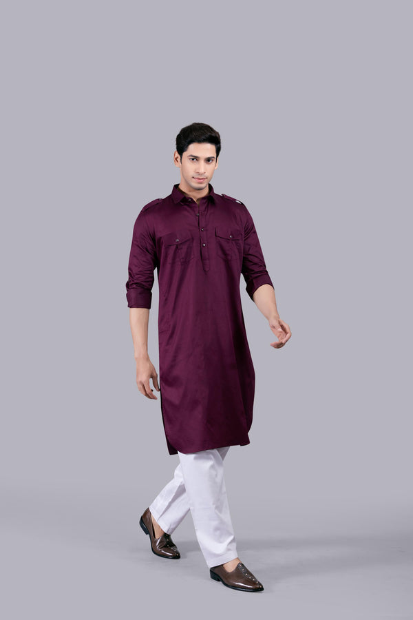 WINE COTTON SILK PATHANI KURTA SET
