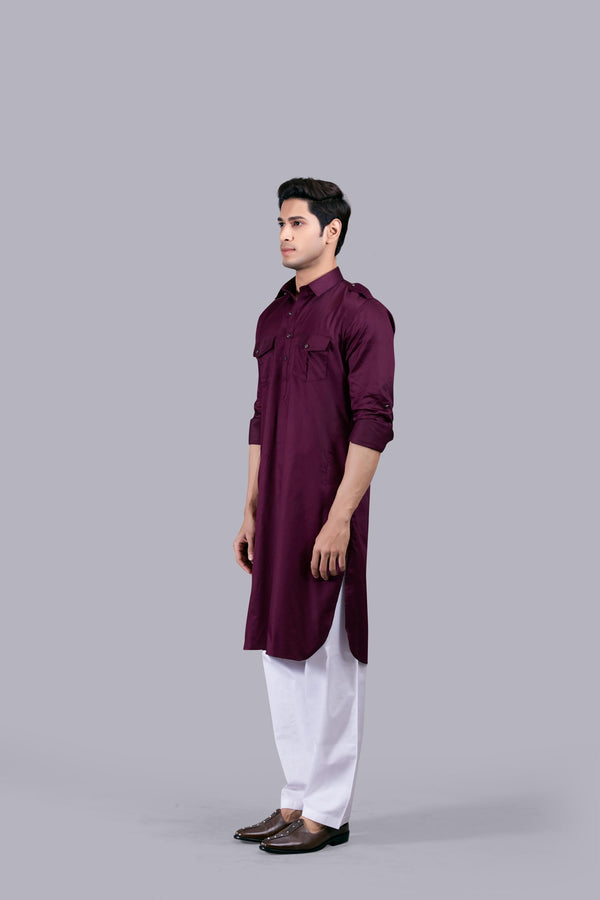 WINE COTTON SILK PATHANI KURTA SET
