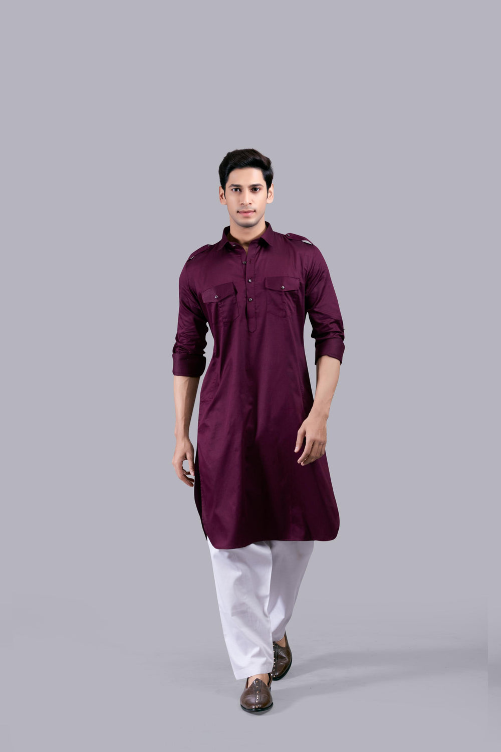 WINE COTTON SILK PATHANI KURTA SET