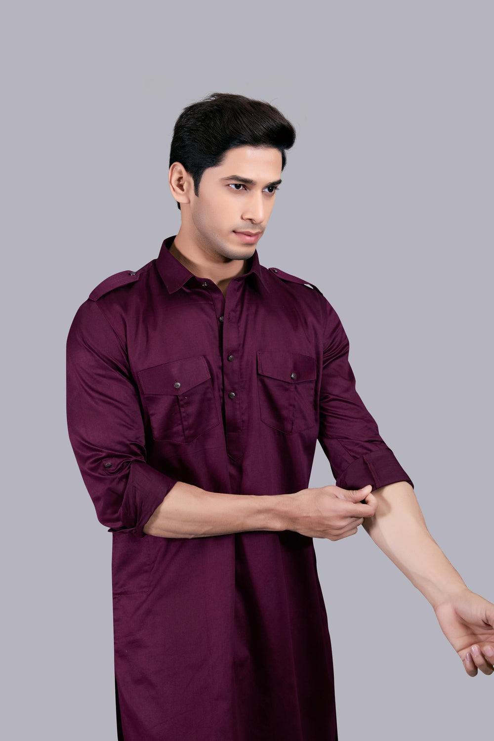WINE COTTON SILK PATHANI KURTA SET