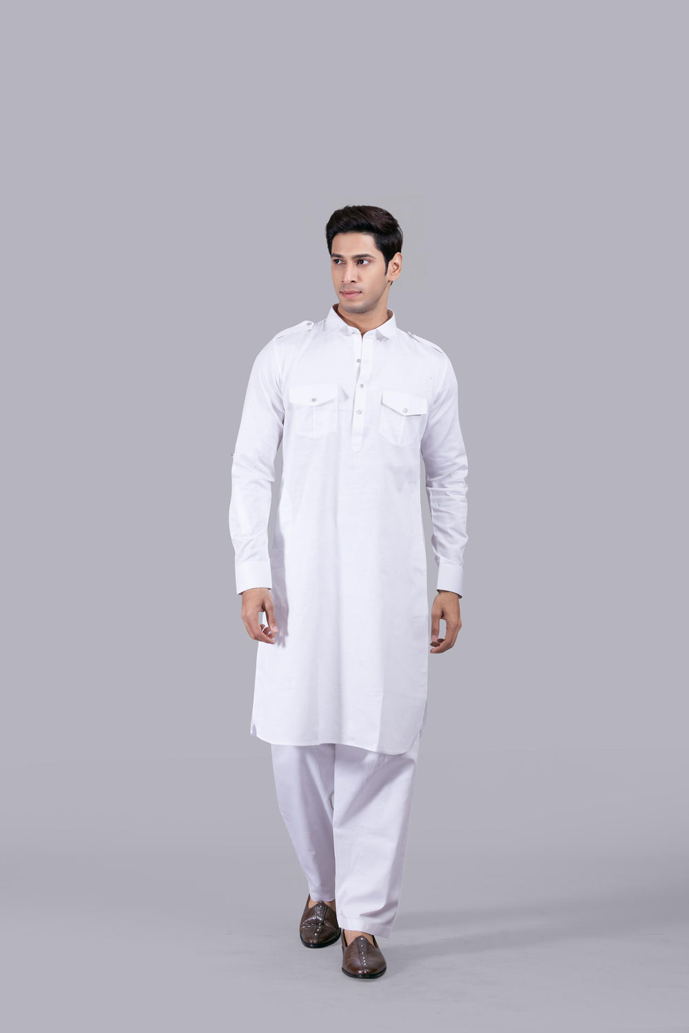 WHITE COTTON SILK PATHANI KURTA SET