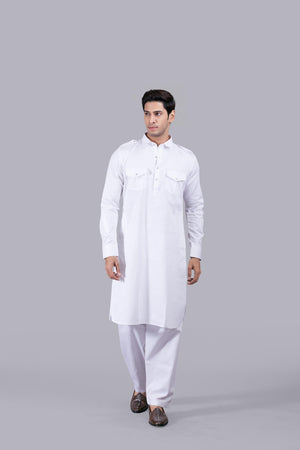 WHITE COTTON SILK PATHANI KURTA SET