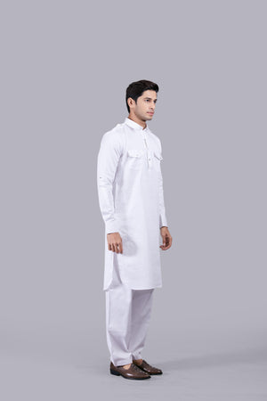 WHITE COTTON SILK PATHANI KURTA SET