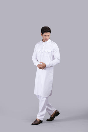WHITE COTTON SILK PATHANI KURTA SET