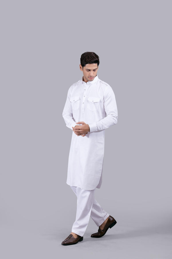 WHITE COTTON SILK PATHANI KURTA SET