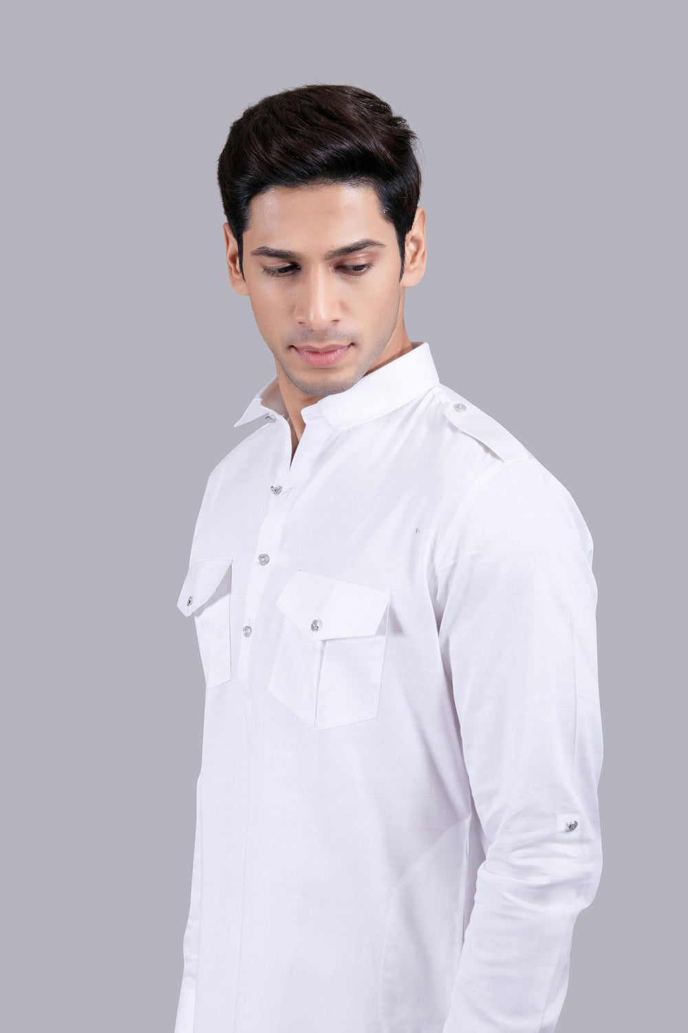 WHITE COTTON SILK PATHANI KURTA SET