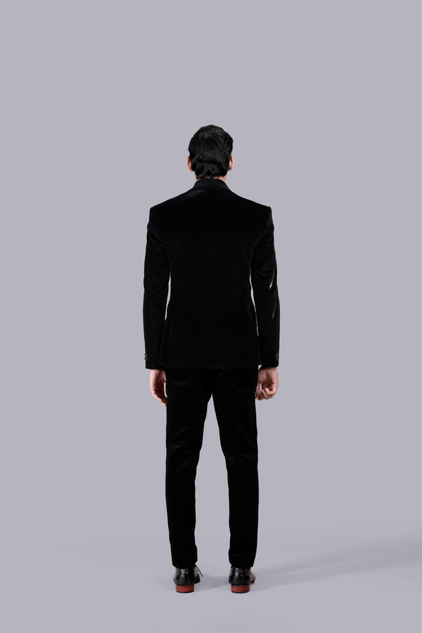 BLACK ITALIAN COTTON VELVET LEATHER PIPING SUIT