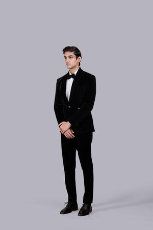 BLACK ITALIAN COTTON VELVET LEATHER PIPING SUIT