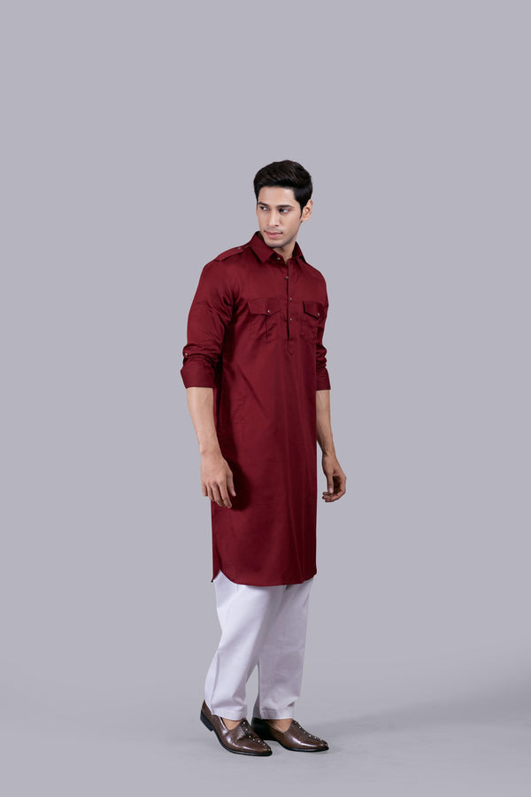 MAROON COTTON SILK PATHANI KURTA SET
