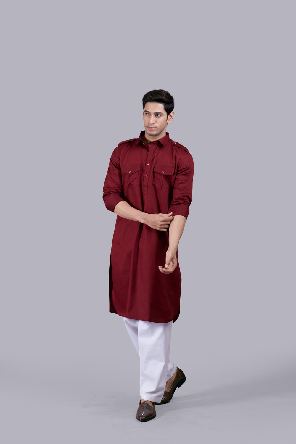 MAROON COTTON SILK PATHANI KURTA SET