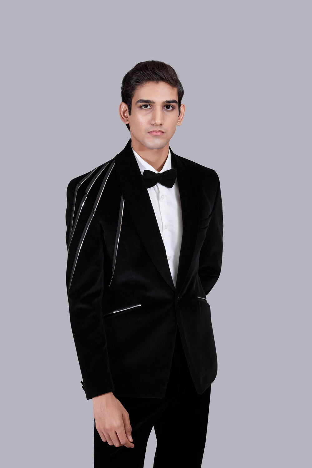 BLACK ITALIAN COTTON VELVET LEATHER PIPING SUIT
