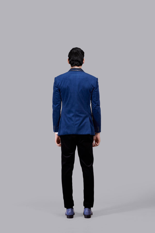 BLUE ITALIAN COTTON VELVET LEATHER PIPING SUIT