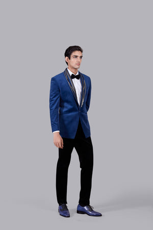 BLUE ITALIAN COTTON VELVET LEATHER PIPING SUIT