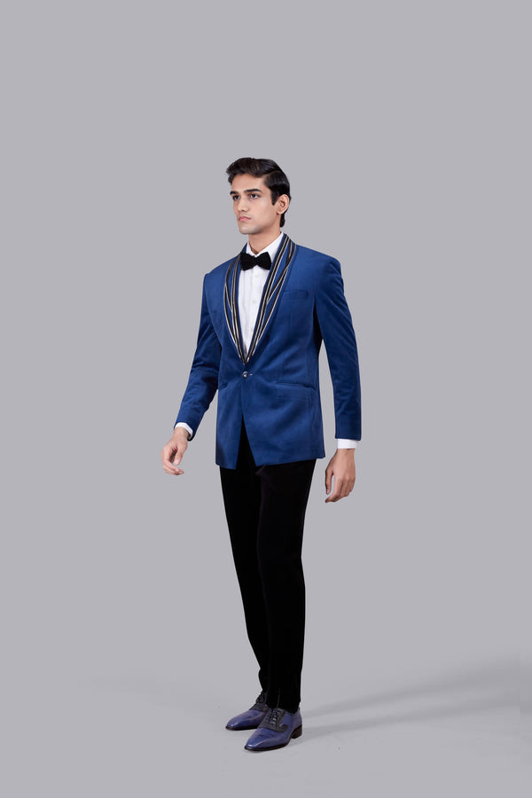BLUE ITALIAN COTTON VELVET LEATHER PIPING SUIT