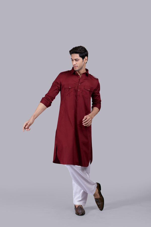 MAROON COTTON SILK PATHANI KURTA SET