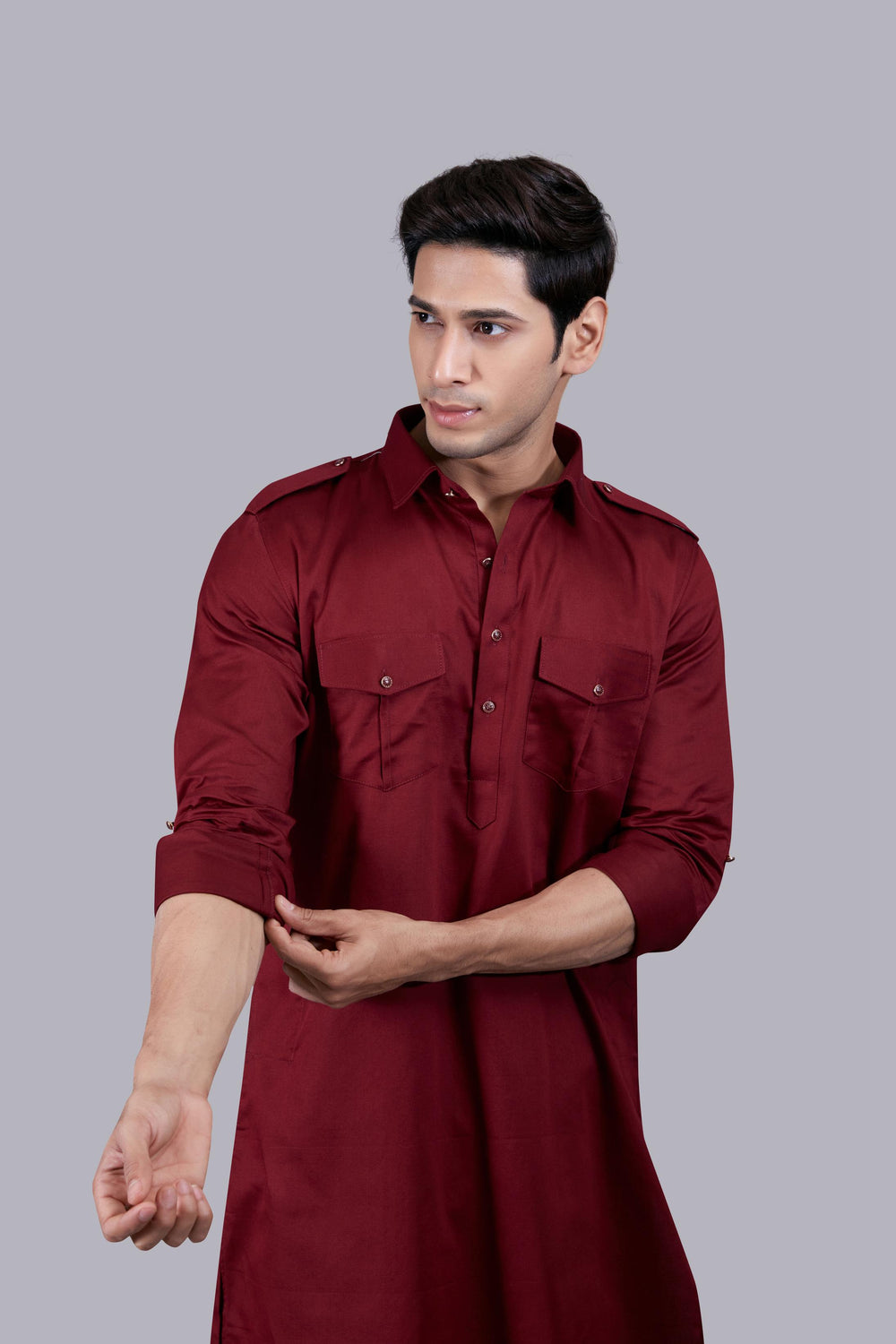 MAROON COTTON SILK PATHANI KURTA SET
