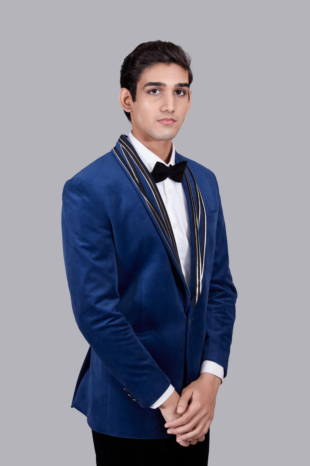 BLUE ITALIAN COTTON VELVET LEATHER PIPING SUIT
