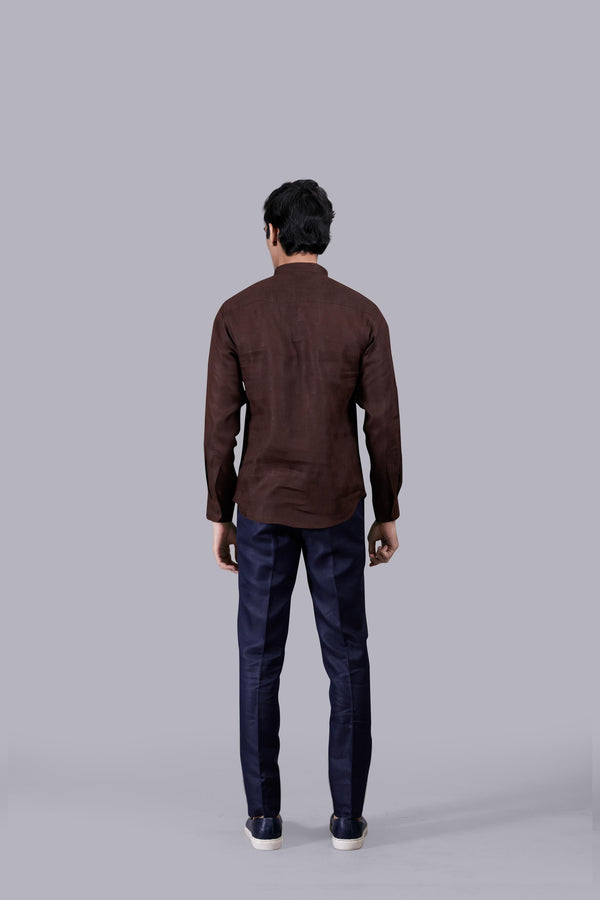 BROWN LINEN SELF CHECKED LINEN KURTA SET