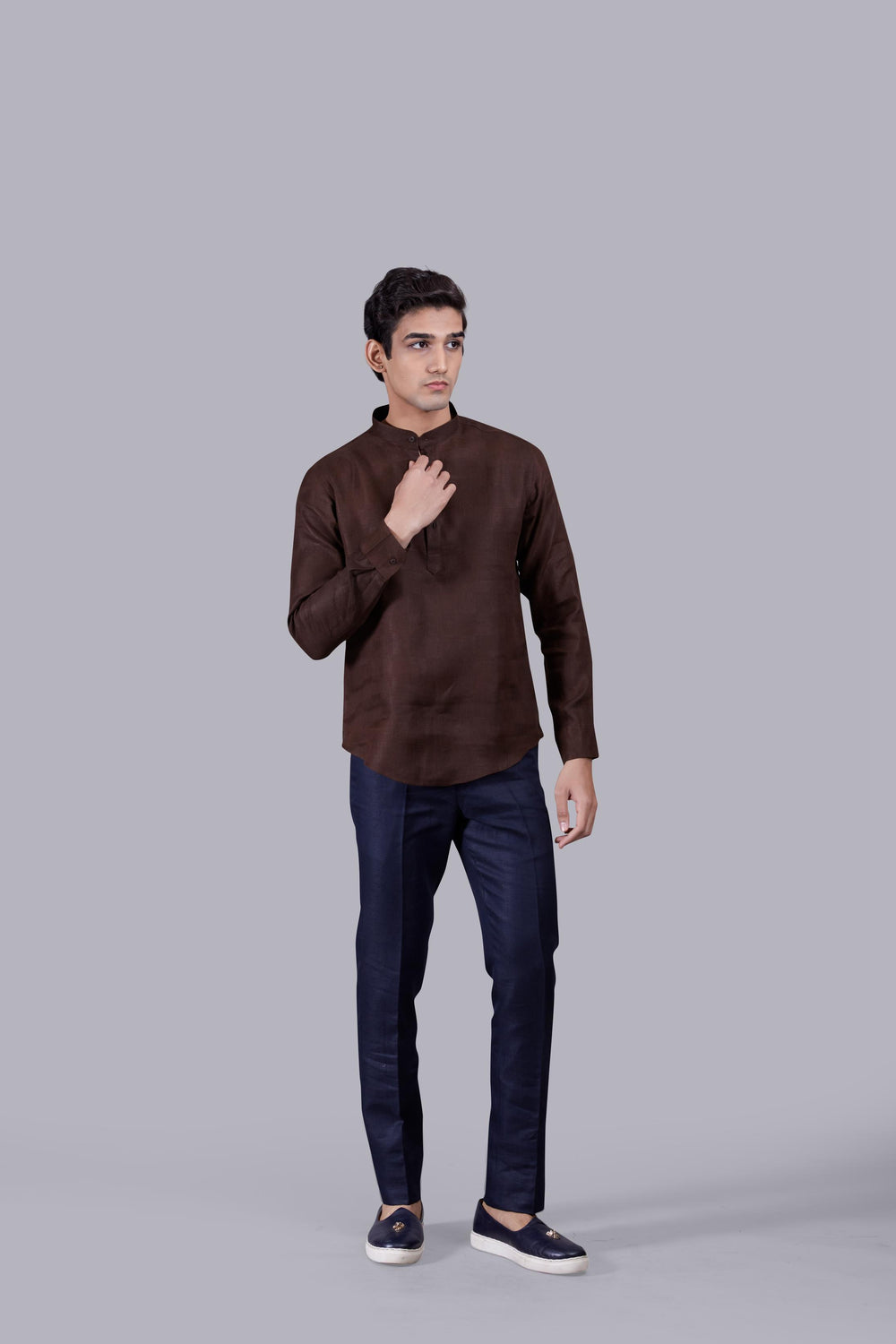 BROWN LINEN SELF CHECKED LINEN KURTA SET