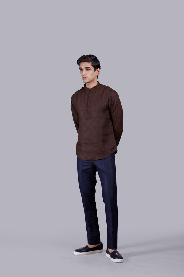 BROWN LINEN SELF CHECKED LINEN KURTA SET