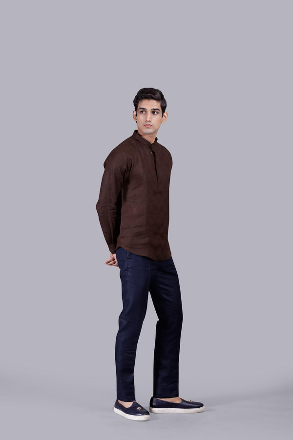 BROWN LINEN SELF CHECKED LINEN KURTA SET
