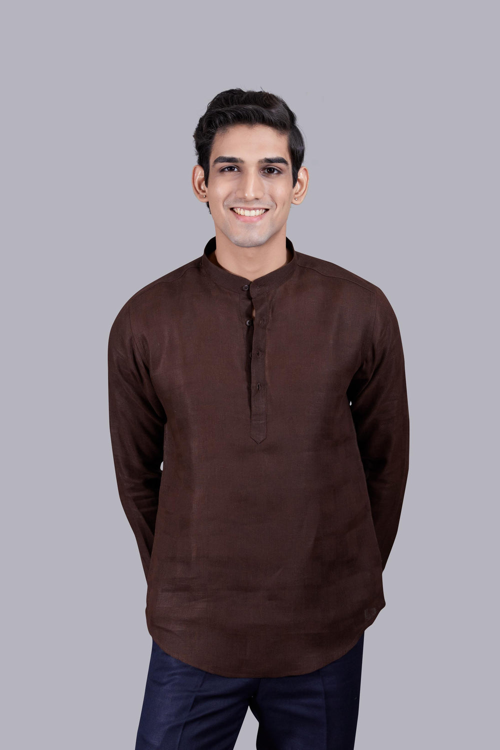 BROWN LINEN SELF CHECKED LINEN KURTA SET