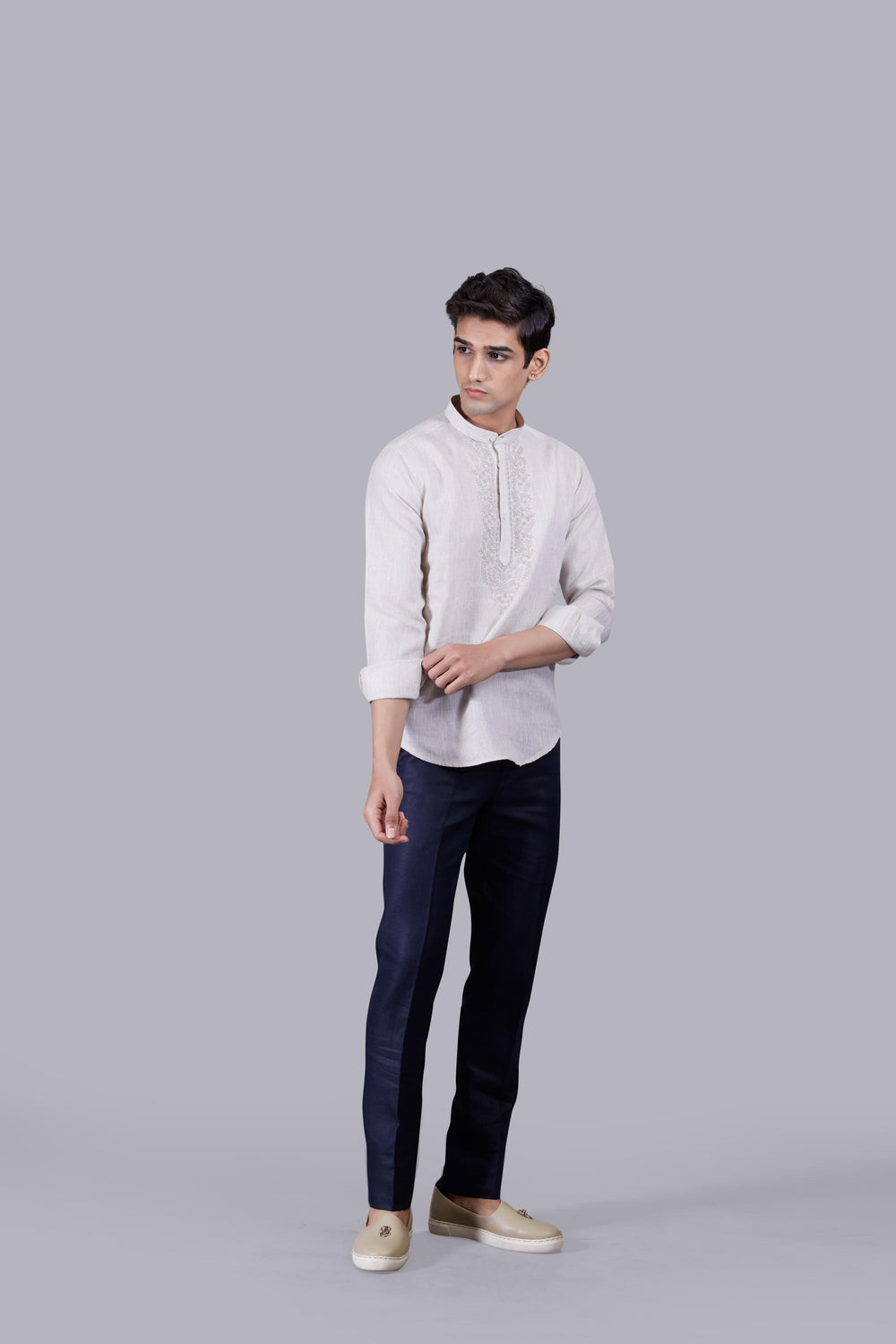 BEIGE LINEN THREAD ARI WORK KURTA