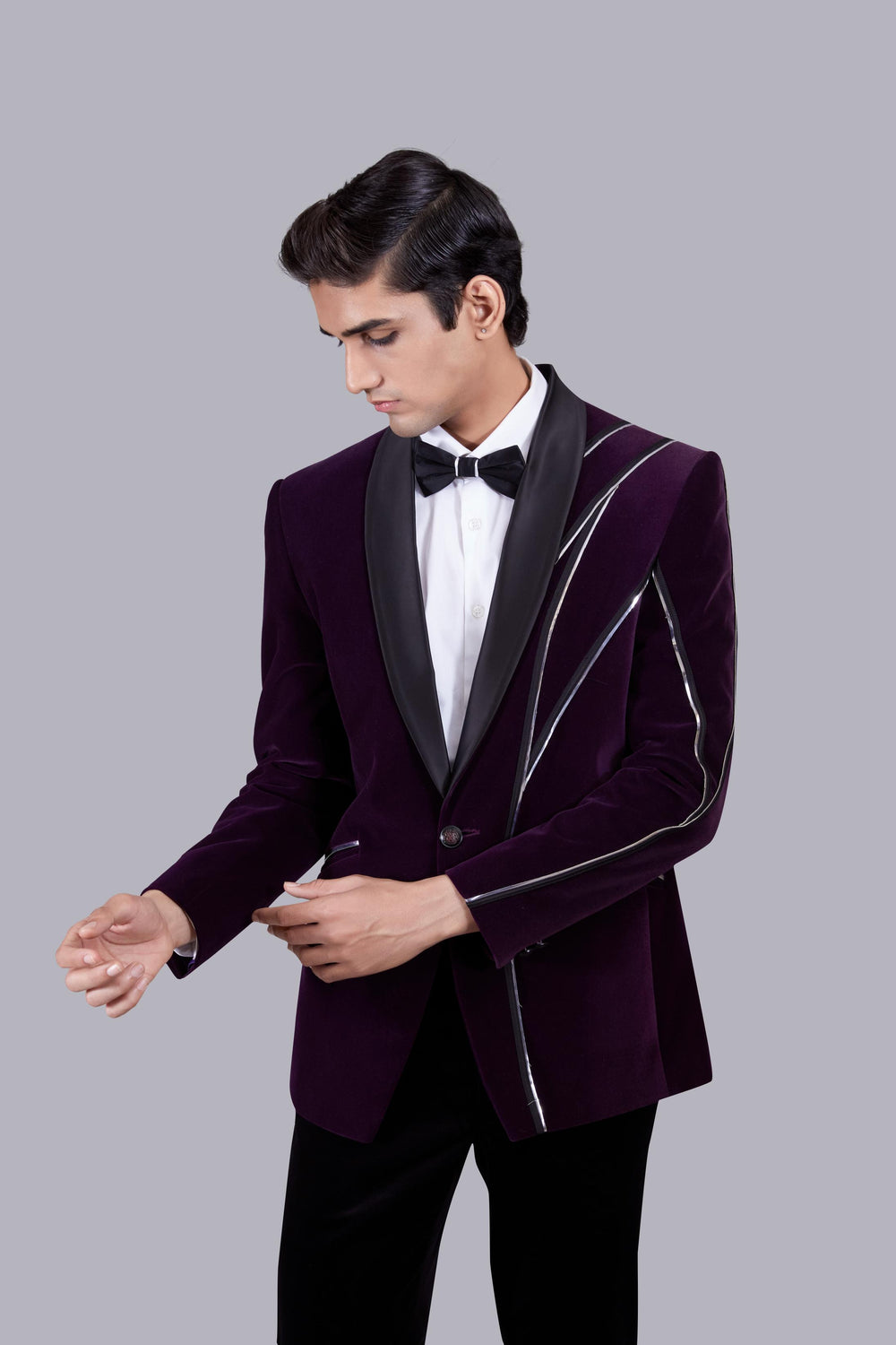 WINE ITALIAN COTTON VELVET LEATHER PIPING SUIT