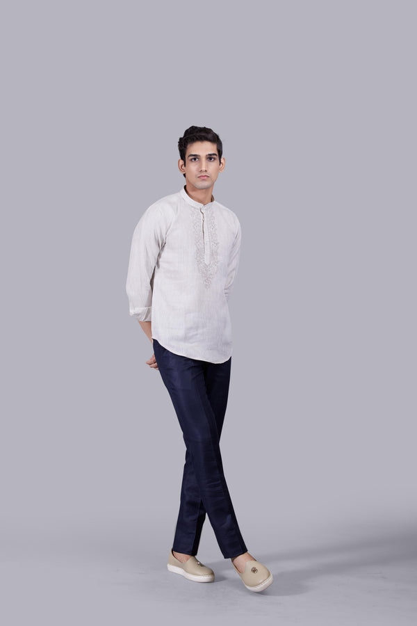 BEIGE LINEN THREAD ARI WORK KURTA
