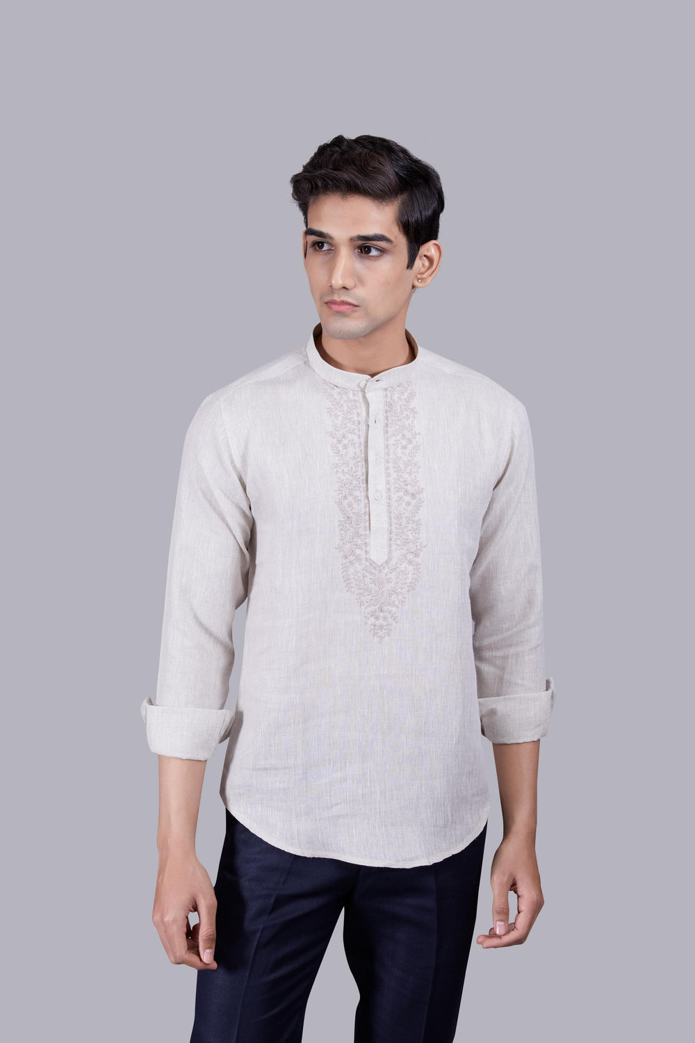BEIGE LINEN THREAD ARI WORK KURTA